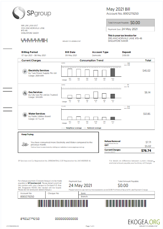 Singapore Sp group utility bill word and pdf template